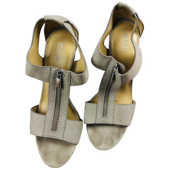 3698 Michael Kors Grey Leather Snake Embossed Heels Peep Toe Zip Sandals 10M - Picture 2 of 8